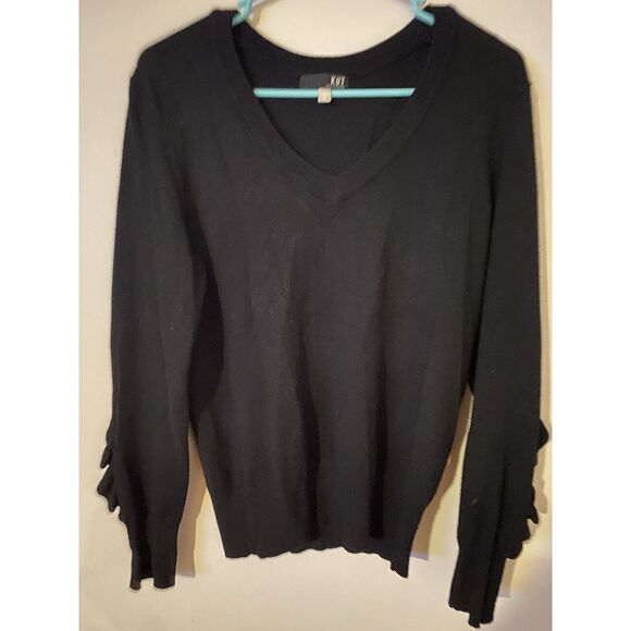 Kut From The Kloth Ruffle Sleeve Sweater Small Black VNeck Rayon/Nylon NWOT - Picture 1 of 3